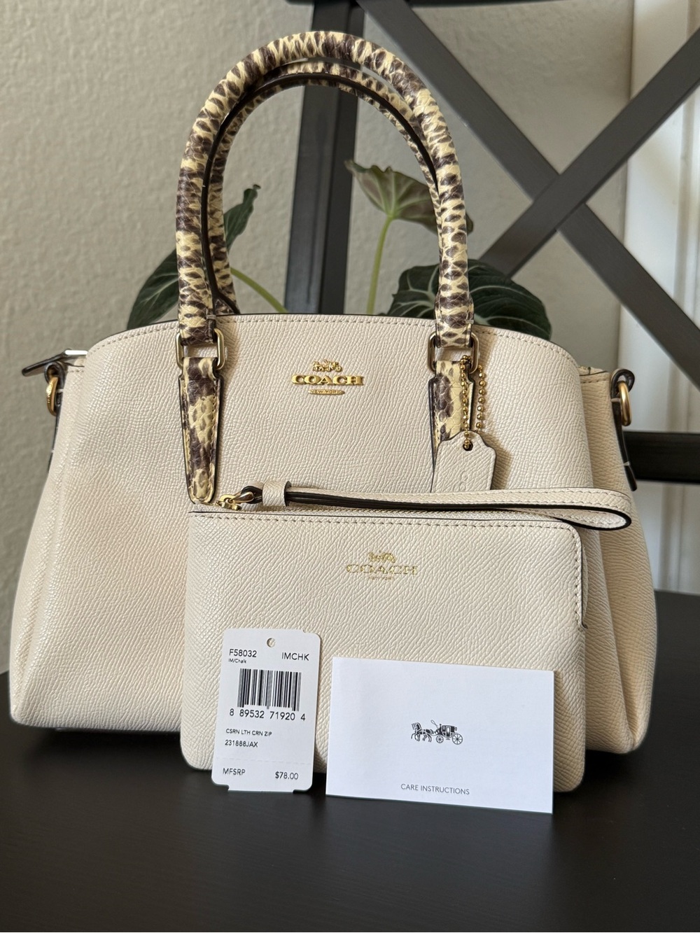 Coach Chalk Pebble Leather Satchel with Snake-Print Handles